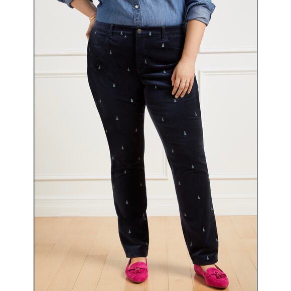 Talbots Velveteen Straight Leg Pants 16P Petite Christmas Critters Trees Blue - Picture 1 of 6